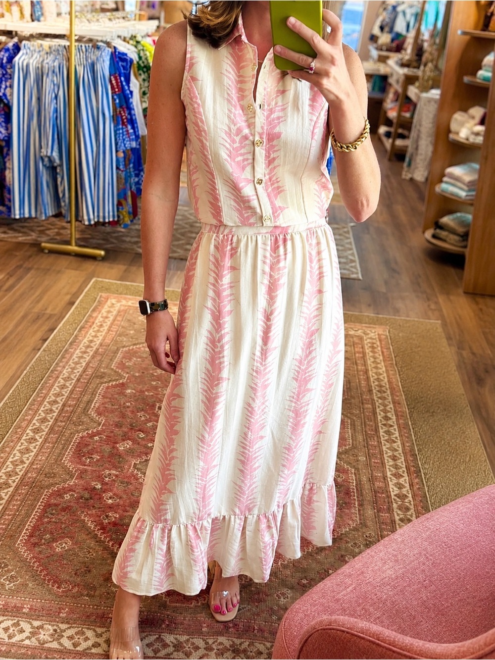 Clover Eloise English Garden Floral Cotton Midi Dress Pink White Size M